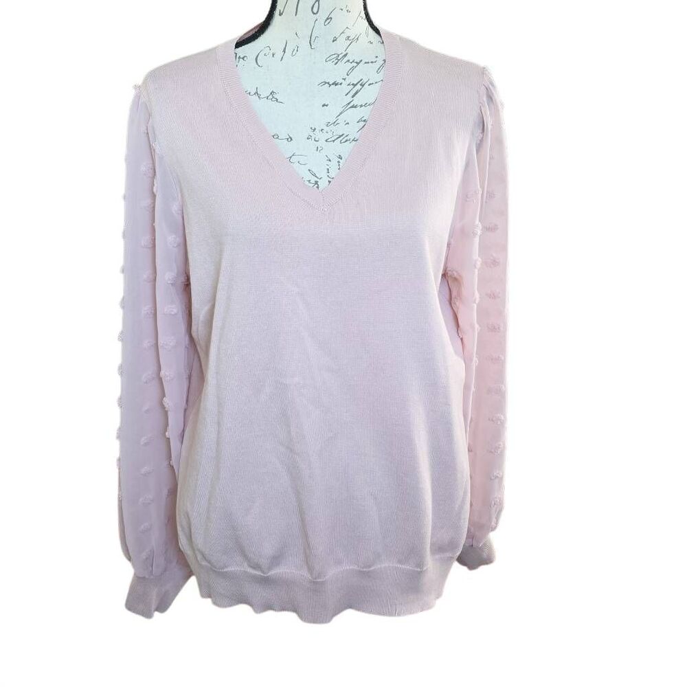 Adrianna Papell Women's Size Large Pink Sheer Sleeve V-Neck Knit Blouse